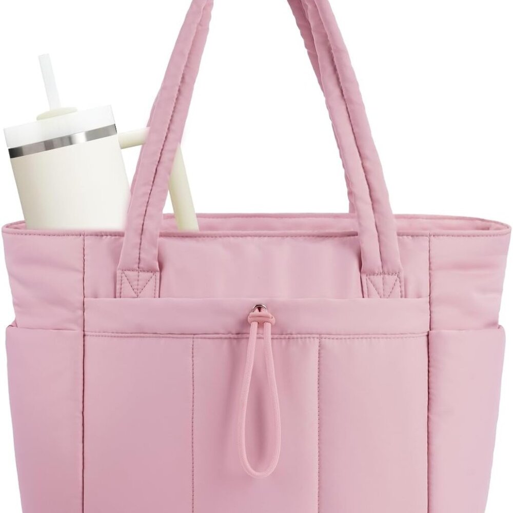 Puffer Tote Bag with Cup Holder & Laptop Compartment & Trolley Sleeve for Travel